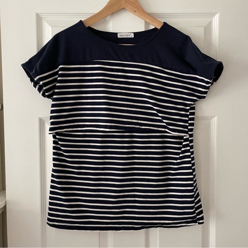 Smallshow Cotton Nursing Breastfeeding Top in navy blue and white stripes